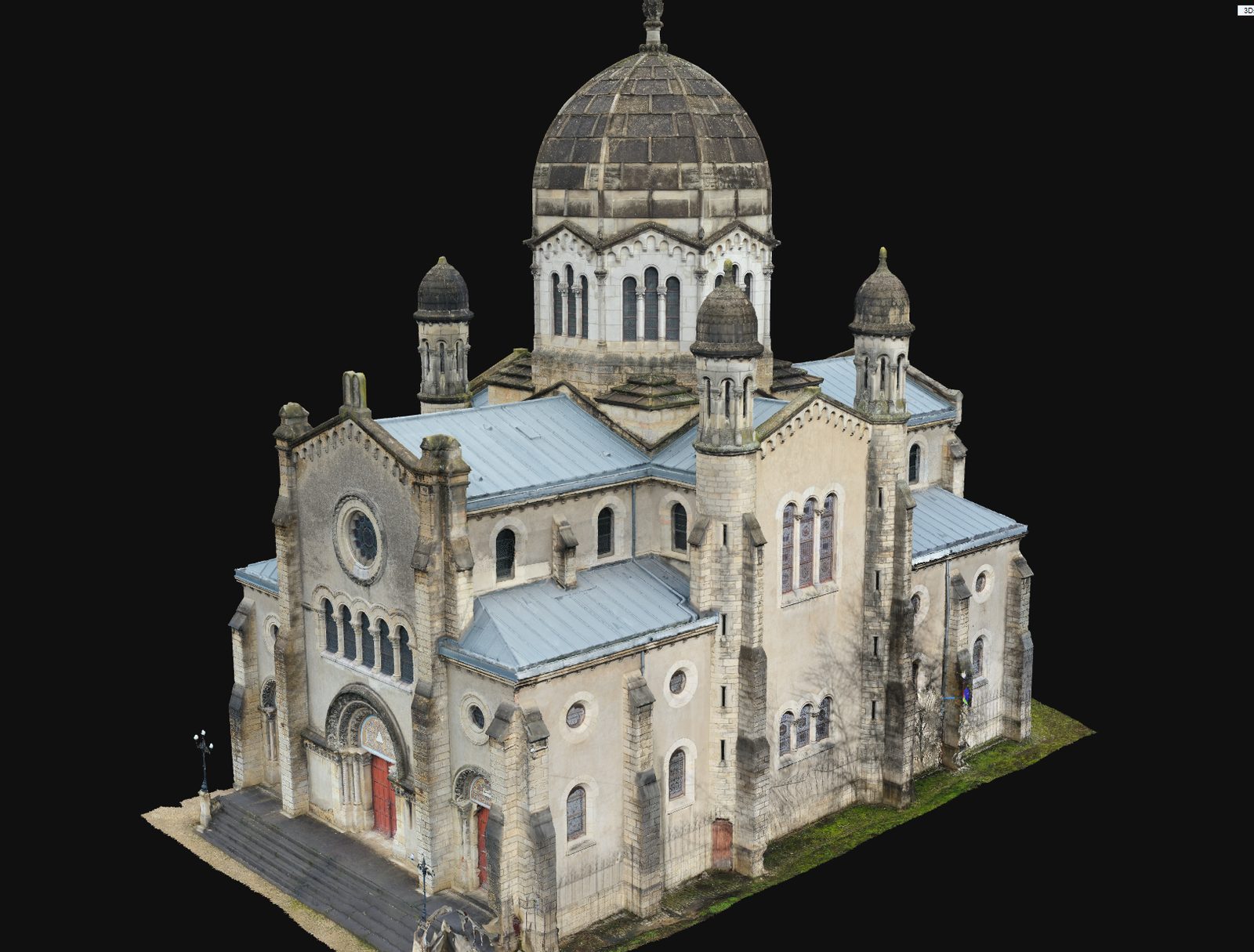 Maillage 3D texturé d'un édifice à dôme et clochetons