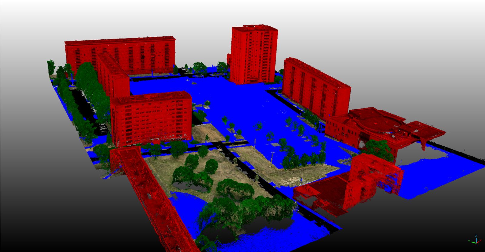 Nuage de points classifié d'un site urbain : bâti en rouge, végétation en vert, sol en bleu